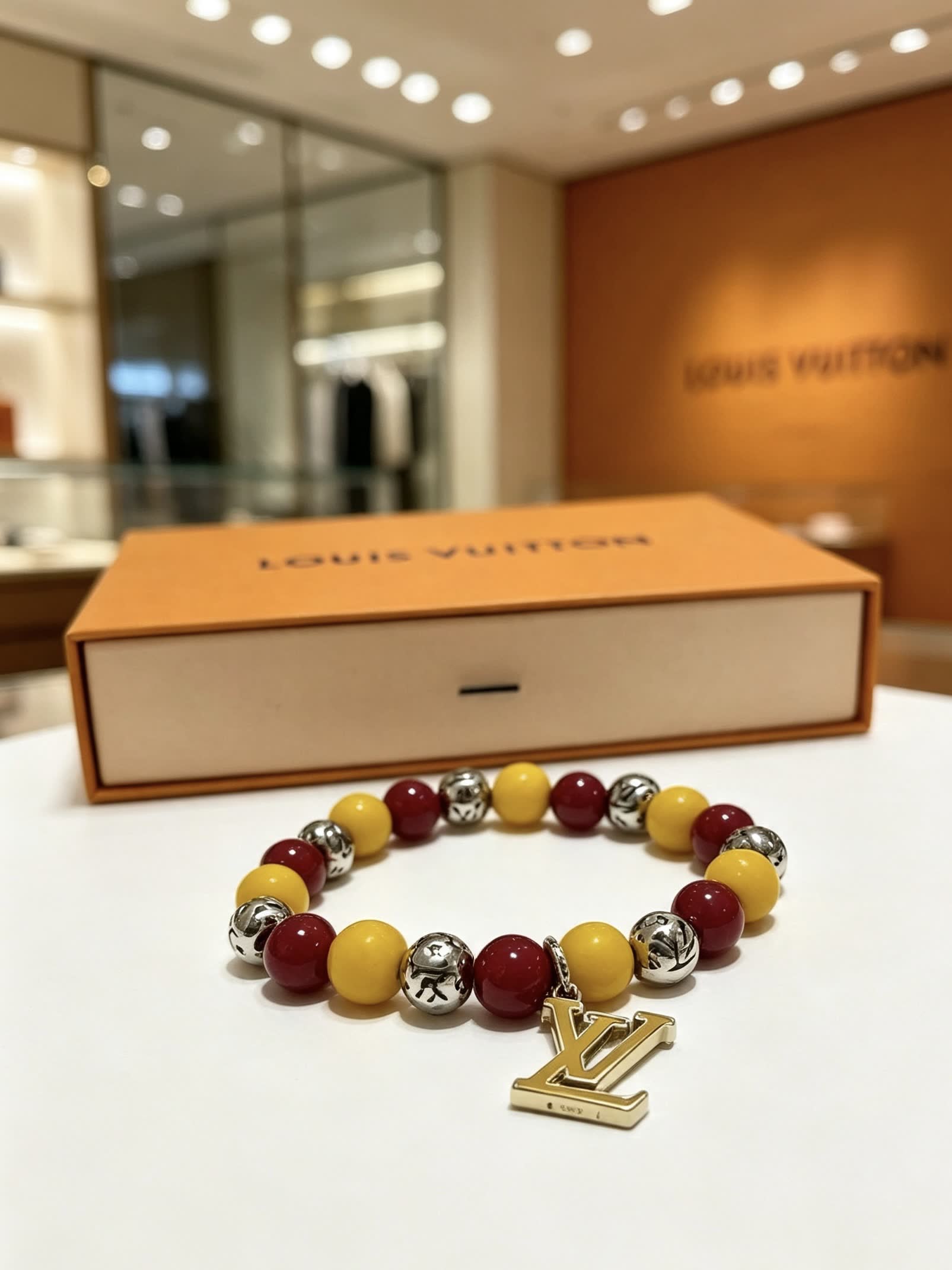 Louis Vuitton Beaded Bracelet with Monogram Charm